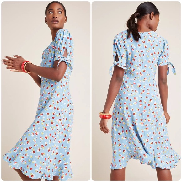 FAITHFUL THE BRAND Dainty Cottagecore Floral Light Blue Flowy Midi Dress Size 2 - Picture 1 of 11